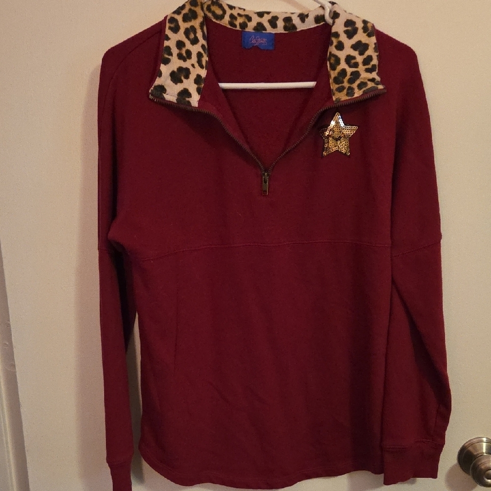 City Streets Burgundy Pullover with Leopard Print Collar